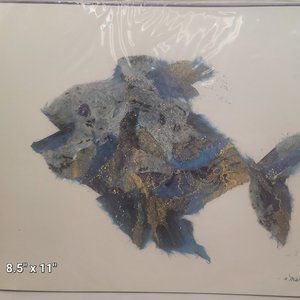 "Blue Fish" Matted Print by Marion Moir Acrylic 8.5" x 11"